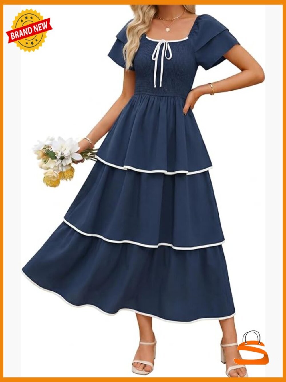 Smocked Tiered Midi Dress Square Neck Short Sleeve Boho Casual Flowy